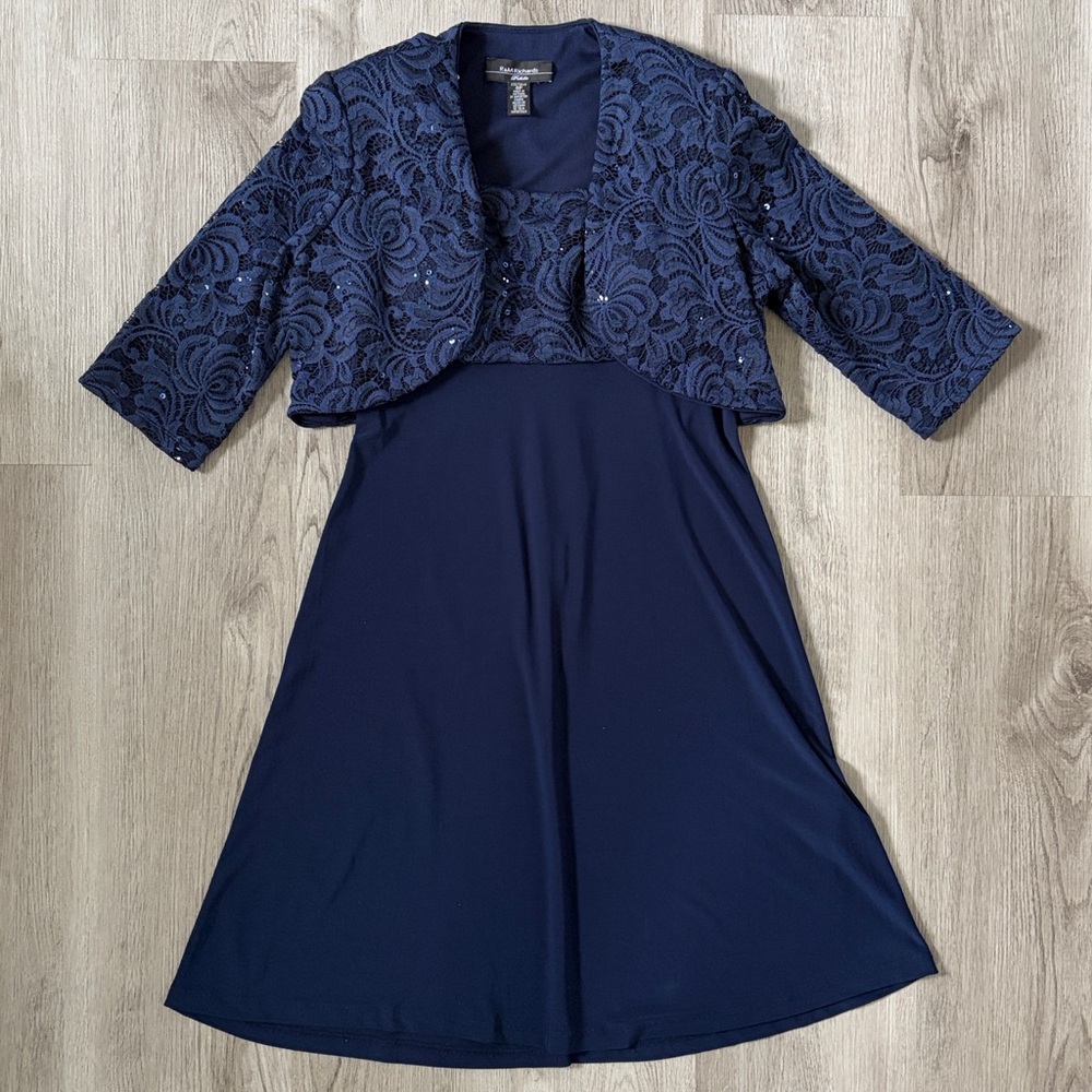R&M Richards Petite Navy Dress with Lace Bolero